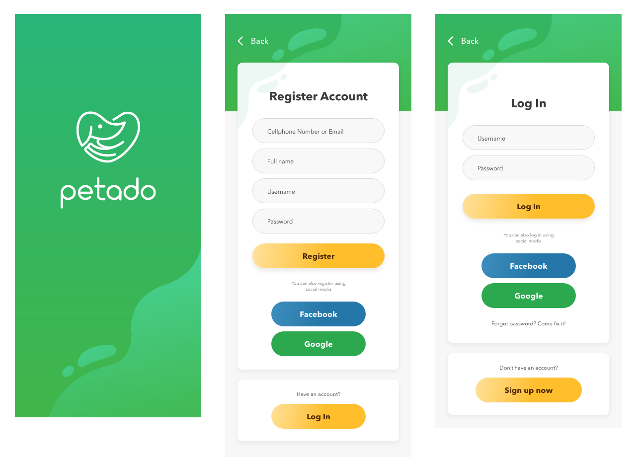 Petado: Spash Screen, Register, Login